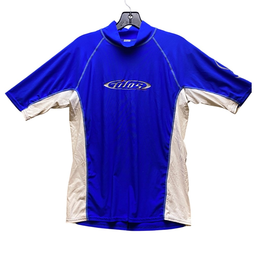 Tilos Shirt‎ Mens Medium Racing Color Block Performance Short Sleeve Blue